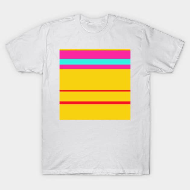 A tremendous bind of Cherry Red, Persian Rose, Metallic Yellow and Fluorescent Blue stripes. T-Shirt by Sociable Stripes